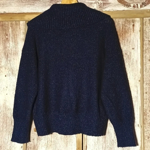 3/$25 Pink Rose navy blue sweater with white specs cowl neck sz L - Picture 5 of 8